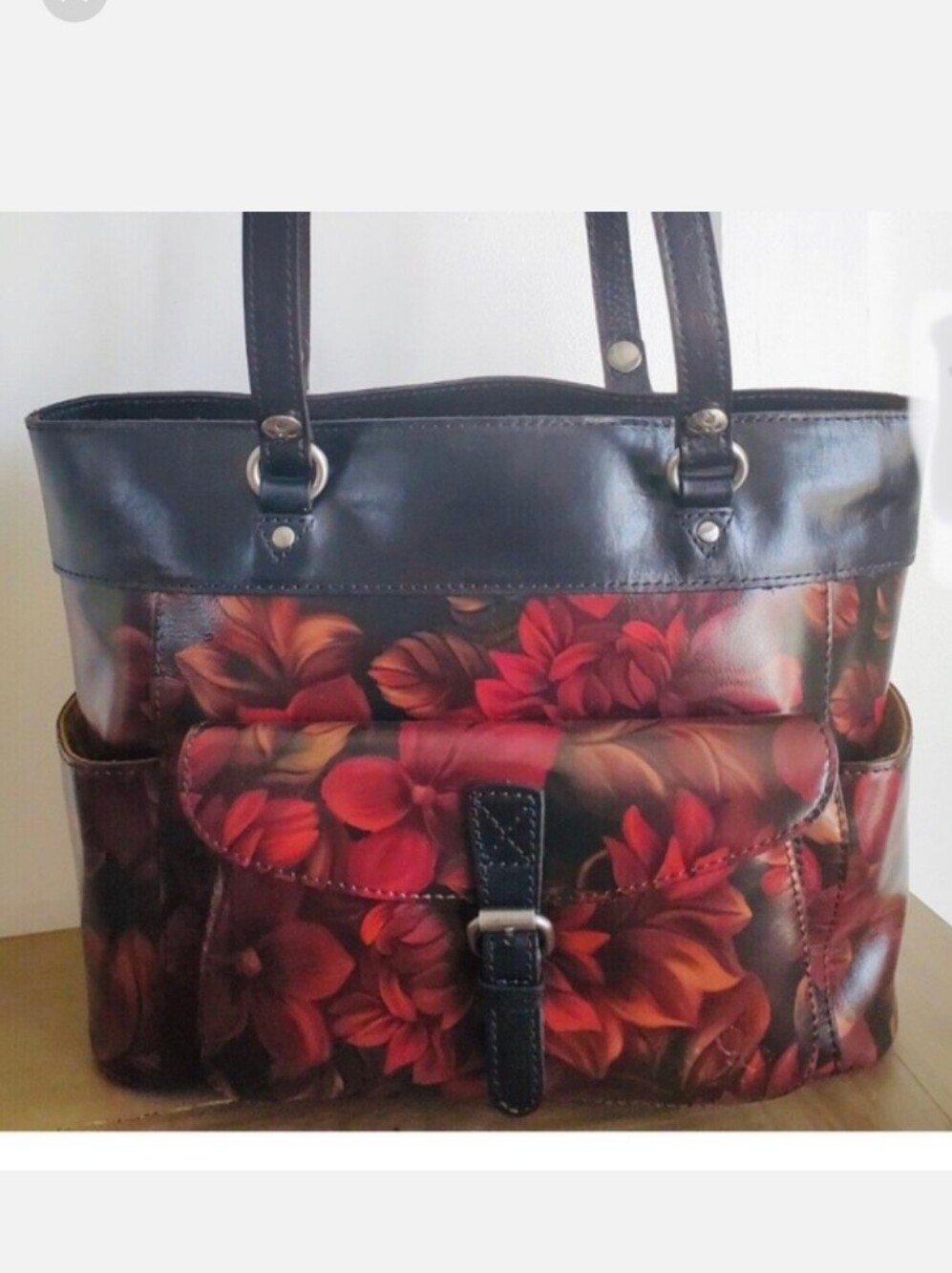 Patricia Bolsena Nash Rustic Mums Leather Tote Bag with Front Pocket NWT